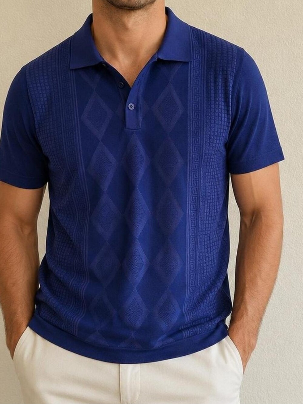Saint Lorenzo NWOT Men's Short Sleeve Polo in Deep Blue w/ Diamond Texture